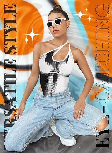 EVELUST Women Y2k Crop Tank Tops - Sexy 3D Body Heat Map Summer One Shoulder Backless Graphic Trendy Tee Concert Outfit in Saudi Arabia