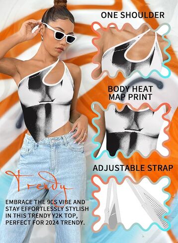 EVELUST Women Y2k Crop Tank Tops - Sexy 3D Body Heat Map Summer One Shoulder Backless Graphic Trendy Tee Concert Outfit in Saudi Arabia