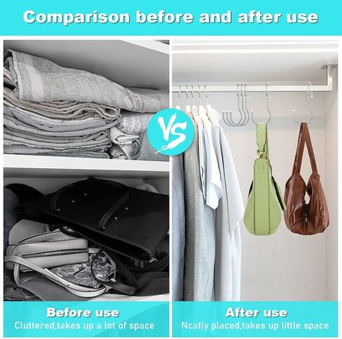 12 Pack Handbag Hanger Organizer Metal S Hooks with Storage Bag, Purse Hangers Bag Hooks Closet, Large Size Closet Rod Hooks for Hanging Clothes, Curtain, Plant, Handbags(Silver) in Saudi Arabia