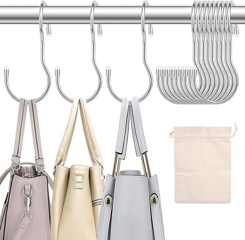 12 Pack Handbag Hanger Organizer Metal S Hooks with Storage Bag, Purse Hangers Bag Hooks Closet, Large Size Closet Rod Hooks for Hanging Clothes, Curtain, Plant, Handbags(Silver) in Saudi Arabia