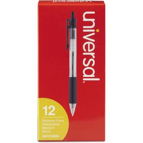 Universal UNV15530 1 mm Comfort Grip Retractable Ballpoint Pens - Medium, Black (1 Dozen)
