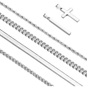 6 Pcs Stackable Silver Chain Pendant Necklace for Men, Mens Stainless Steel Chain Necklace Jewelry Set for Boys (4 Silver Chains+1 Cross Pendant+1 Bar Pendant)