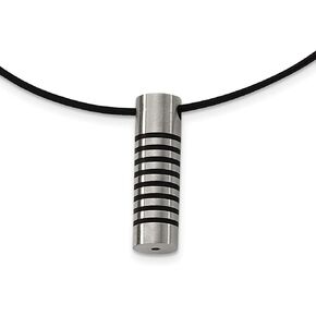 Solid Stainless Steel Men's Black Rubber Accent Leather Cord Pendant Necklace Charm Chain - with Secure Lobster Lock Clasp