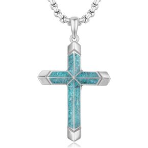 Cross Necklace for Men 925 Sterling Silver Turquoise Cross Pendant Necklace Religious Protection Jewelry Gifts for Women