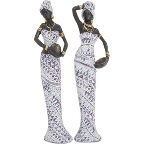 Deco 79 Polystone Woman Decorative Sculpture Standing African Home Decor Statues with Intricate Details, Set of 2 Accent Figurines 3"W, 13"H, Multi Colored