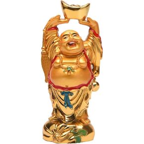 Resin Feng Shui Golden Laughing Buddha Holding Ingot Statue Wealth Luck Home Office Decor Collectible Gift 4.7'' TQZDBS014