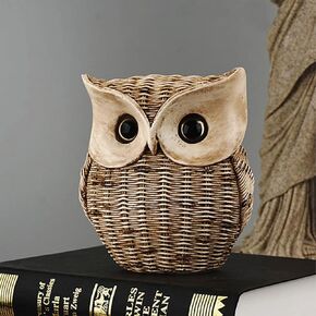 Rattan Owl Handicraft Ornaments, Simulation Owl Statue Home Decor, Handmade Resin Owl Figurine, Cute Animal Sculpture Ornament for Shelf Cabinet Desktop(Owl Ornaments)