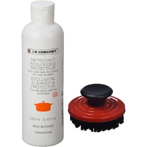 Le Creuset Cerise Cherry Nylon Grill Pan and Skillet Cleaning Brush with 8.5 Ounce Enameled Cast Iron Cleaner