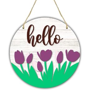 لافتة باب خشبية دائرية مقاس 8 بوصات - مرحبًا، زهور التوليب الأرجوانية - علامة ترحيب بموسم الربيع الريفي، هدية الانتقال لمنزل جديد، ديكورات المنزل والمكتب - B04 in Kuwait