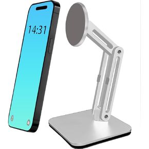 Magnetic Phone Stand for Desk, Heightened Adjustable Foldable, Compatible with iPhone 15/14/ 13/12 All Series/Mag-Safe Case (Silver)
