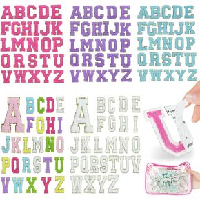 130 Pieces Chenille Letter Patches, Iron on Sew on Patches, 5 Sets Self Adhesive A-Z Letter Patches Sticker with Gold Glitter for DIY Crafts of Bags Backpacks Hat Clothes Notebook