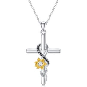WTIYM Moissanite Diamond Sunflower Cross Necklace for Women 18K Gold Plated Sterling Silver You Are My Sunshine Sunflower Necklace Sunflower Gifts Birthday Christmas Gifts for Her Mom Wife, 18+2 Inch