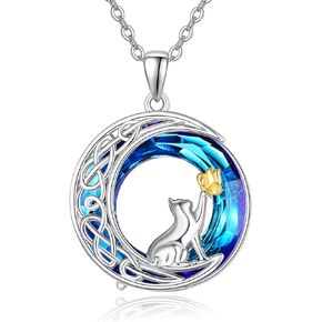 AENEAS Cat Necklace Crescent Moon Necklace Sterling Silver Blue Crystsl Jewelry for Women Girls Gifts for Cat Lovers on Mothers Day Christmas Anniversary…