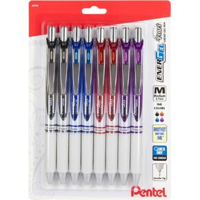 EnerGel Pearl Retractable Liquid Gel Pen, Needle Tip, 0.7mm, Medium Line, Assorted Ink, 8-Pk (BLN77WBP8M)