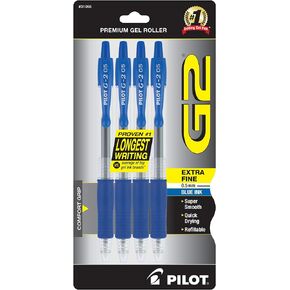 PILOT G2 Retractable Premium Gel Ink Roller Ball Pens, Extra Fine Point, 4-Pack, Blue Ink (31056)
