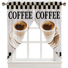 Wooden Board Swag Valance Curtains Coffee Palid Rustic Wood Rod Pocket Kitchen Curtains Scalloped Window Treatment Valances Swag Curtains for Living Room, 1 Pair, 36" W x 45" L