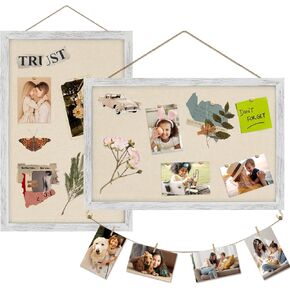 Egofine Cork Board Bulletin Board with Linen, 16x11 Wood Frame Pin Board Wall Decor, 2 Pack Cork Boards for Walls, Hanging Horizontal or Vertically for Office Home Decor School Kitchen, Rustic White
