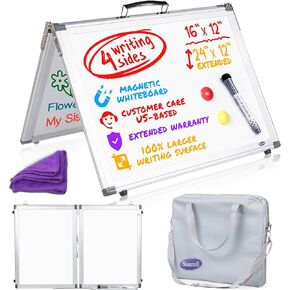 Small Dry Erase White Board – Magnetic Desktop Whiteboard - 16x12 inch 4 Sides Portable Whiteboard for Kids - Tabletop Mini Easel with Cover Bag for Office Desk, Students, Teachers