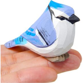 Blue Jay Bird Wood Figurine Statue Crested Jaybird Sculpture Ornament Decor Miniature Art Carve Small Animal