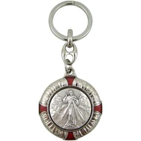 Silver Toned and Enamel Catholic Patron Saint Medal Keychain, 1 1/2 Inch