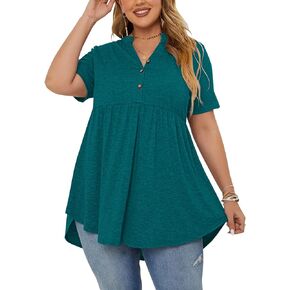 PLOKNRD Women's Plus Size Tops Short Sleeve Henley V Neck Button Up Flowy T Shirts Tunic Loose Blouses Dark Green