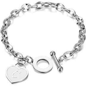 Initial Heart Charm Bracelets for Women Girls 14K gold/Silver Tone Stainless Steel OT Clasp Heart A-Z Letter Name Bangle Bracelet Gifts
