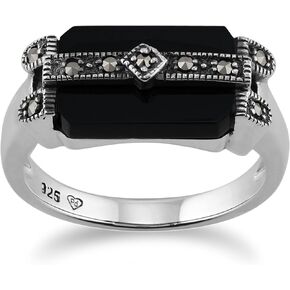 925 Sterling Silver Art Deco Black Onyx & Marcasite Ring