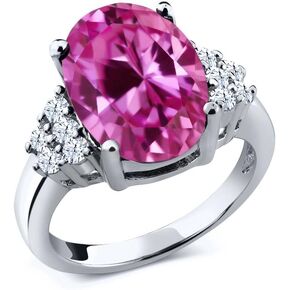 Gem Stone King 925 Sterling Silver Pink Created Sapphire Ring For Women (6.30 Cttw, Oval 12X10MM, Available 5,6,7,8,9)