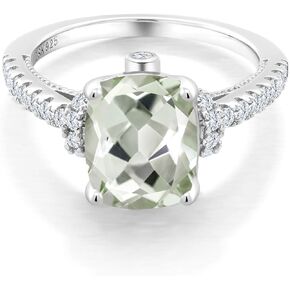 Gem Stone King 925 Sterling Silver Green Prasiolite and White Created Sapphire Ring For Women (3.00 Cttw, Cushion Cut 10X8MM, Available in size 5, 6, 7, 8, 9)