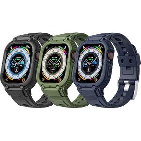 3 Packs Band Case Compatible with Apple Watch 45mm 44mm 42mm for iWatch Series 7 6 SE 5 4 3, Sport Men Women Rugged Military Protective Cover Strap, 42/44/45 Black/Storm Gray/Midnight Blue