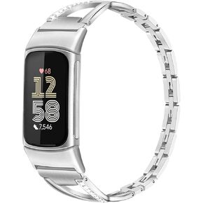 TRUMiRR Women Band for Fitbit Charge 6 / Charge 5, Stainless Steel & Diamond Watchband Replacement Strap for Fitbit Charge 6 / Charge 5