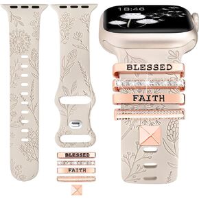Minyee Compatible with Apple Watch Band with Charms Women 41mm 40mm 38mm 42mm 44mm 45mm 49mm Decorative Ring Loops Floral Engraved Silicone Strap for iWatch Ultra 2,Series 9/8/7/6/5/4/3/2/1/SE(with