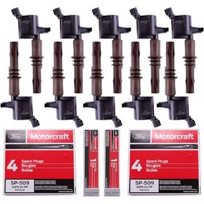 MAS Set of 10 Performance Ignition Coils Pack & OEM Motorcraft Spark Plugs SP509 Compatible with Ford F250 F350 F450 F550 Super Duty F650 F750 F53 F59 6.8L V10 Replacement for 8L3Z-12029-A C1659 DG521