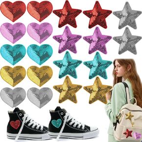 20 PCS Sequins Star Heart Shaped Patch Shiny Iron on Applique Embroidered Patches for Clothing, Bags, Jackets, Jeans DIY Earrings Accessory Craft Valentine Christmas Decoration