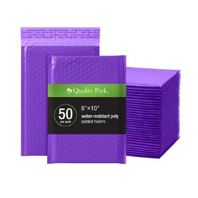 Quality Park Bubble Mailers, 6" x 9", Purple Poly Mailers, Padded Envelopes, Shipping Bags, Water Resistant, Self Seal, 50 Per Box (QUA85904)