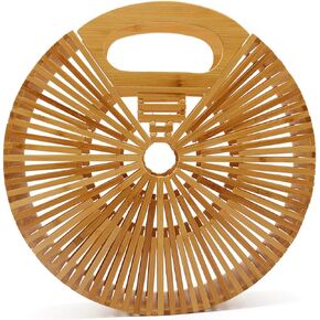 Miuco Women Bamboo Top-Handle Handbags Round Straw Beach Tote Bag