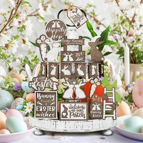 29 Pcs Easter Tiered Tray Decor Lighted Bunny Kisses Tiered Tray Table Decor White Series Bunny Carrots Wooden Centerpiece Signs for Home Kitchen Farmhouse Decor
