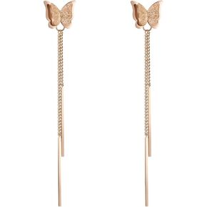 Butterfly Stud Earrings Tassel Bar Drop 14k Rose Gold Plated Chain Dangle Cute Earring Jewelry