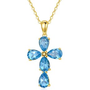 14K Gold Cross Necklace for Women with Natural Blue Topaz, Real Gold Cross Necklace and Chain Religious Jewelry Gift for Wife Her Girls 16+2 inch