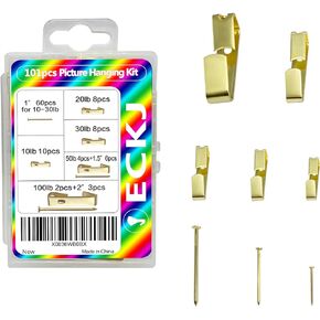 Picture Hanging Hooks, 101 Pcs Heavy Duty 10-100 lbs Picture Hangers Hardware Assorted Kit with More Nails for Photo Frame, Wall Hangers on Wooden/Drywall for Clock, Canvas, Home Decoration Gold