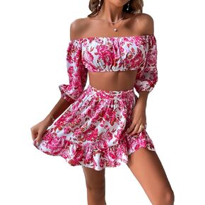 Floerns Women's 2 Piece Outfit Floral Off Shoulder Crop Top and Ruffle Skirt Set in Kuwait