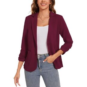 Women's Casual Button Front Blazer Jackets Ruched 3/4 Sleeve Lapel Office Work Lightweight Blazers with Pockets