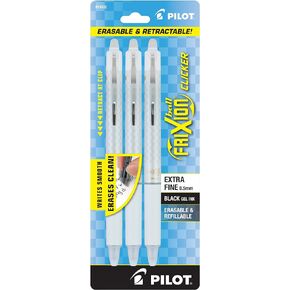 Pilot FriXion Clicker Checker Design Erasable Gel Pens, Extra Fine Point, 0.5mm, White Barrel, Black Ink, Pack of 3 Pens