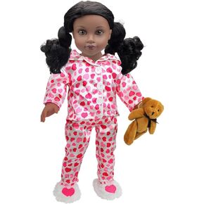 4pc Red & Pink Heart PJ Doll Outfit w Teddy Bear- 18" Doll Clothes & Accessories Compatible w American Girl Dolls- Set Includes Cozy Pajama Top & Bottom, Slippers, & Teddy Bear- Great Gift for Girls