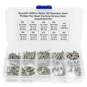 300Pcs Metric M2.5 Stainless Steel Phillips Pan Head Machine Screws Nuts Assortment Kit- M2.5X 4mm/ 6mm/ 8mm/ 10mm/ 12mm/ 14mm/ 16mm/ 18mm/ 20mm