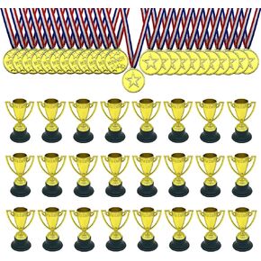 48 PCS Mini Trophies Gold Medals Set for Kids Includes 24 PCS Gold Plastic Trophy Cups and 24 PCS Winner Medals, for School Sports Competition Soccer Winning Prizes Rewards Party Favors Prop