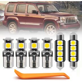8pcs White LED Interior Lights Bulb Kit for Jeep Liberty KJ 2002 2003 2004 2005 2006 2007 Map Dome Cargo Lights Super Bright 6000K Interior LED Light Bulbs Package + Install Tool