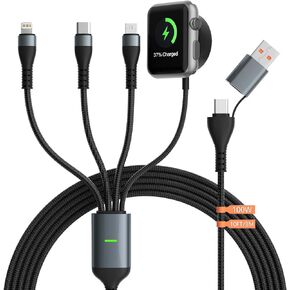 100W Multi Charging Cable with Samsung Galaxy Watch Charger - for iPhone Android iPad MacBook Galaxy 3 4 5 6 Watch Charger, 10FT 4 in 1 Nylon Multi Charger Cable Type C/Lightning/Watch/Micro USB