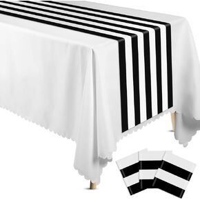 Peryiter 3 Pcs Black and White Table Runner Plastic Striped Table Runner Elegant Classic Disposable Table Decoration for Wedding Birthday Party Supplies Indoor Outdoor Dinner Banquet, 14 x 108''