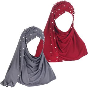 2 Pieces Beads Forehead Cross Muslim Hijab Scarf Ready to Wear Turban Hijabs Women Headscarf Female Head Wraps